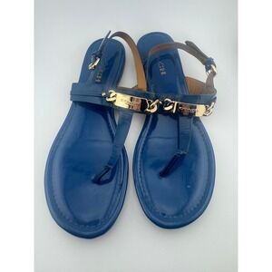 Coach Caterine Blue Patent Leather Slingback Thong Sandals Gold Chain A7799 8B